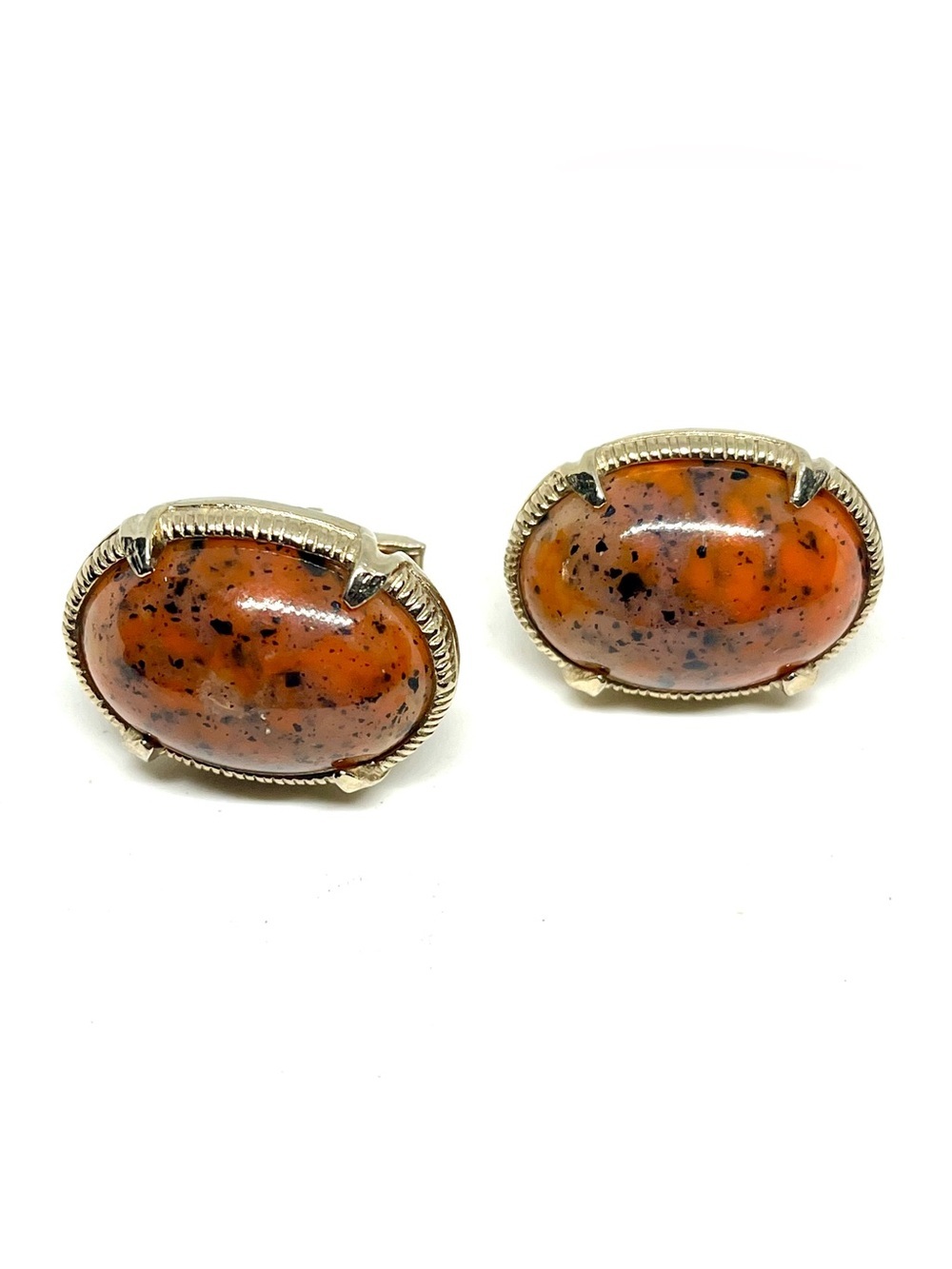 Vintage Swank Orange Speckled Oval Stone Cuff Links